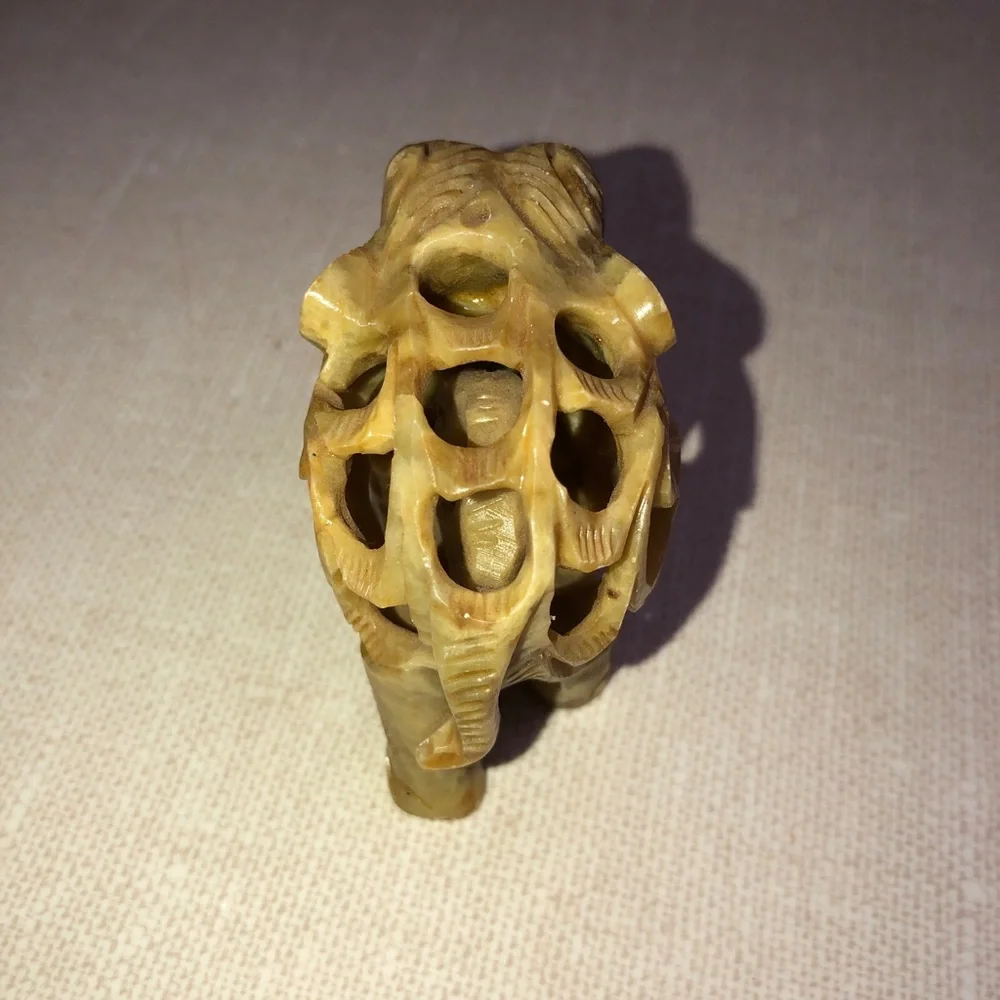 Carved Soapstone Elephant Calf Elephant Inside Detailed Scroll‎ Work Vines